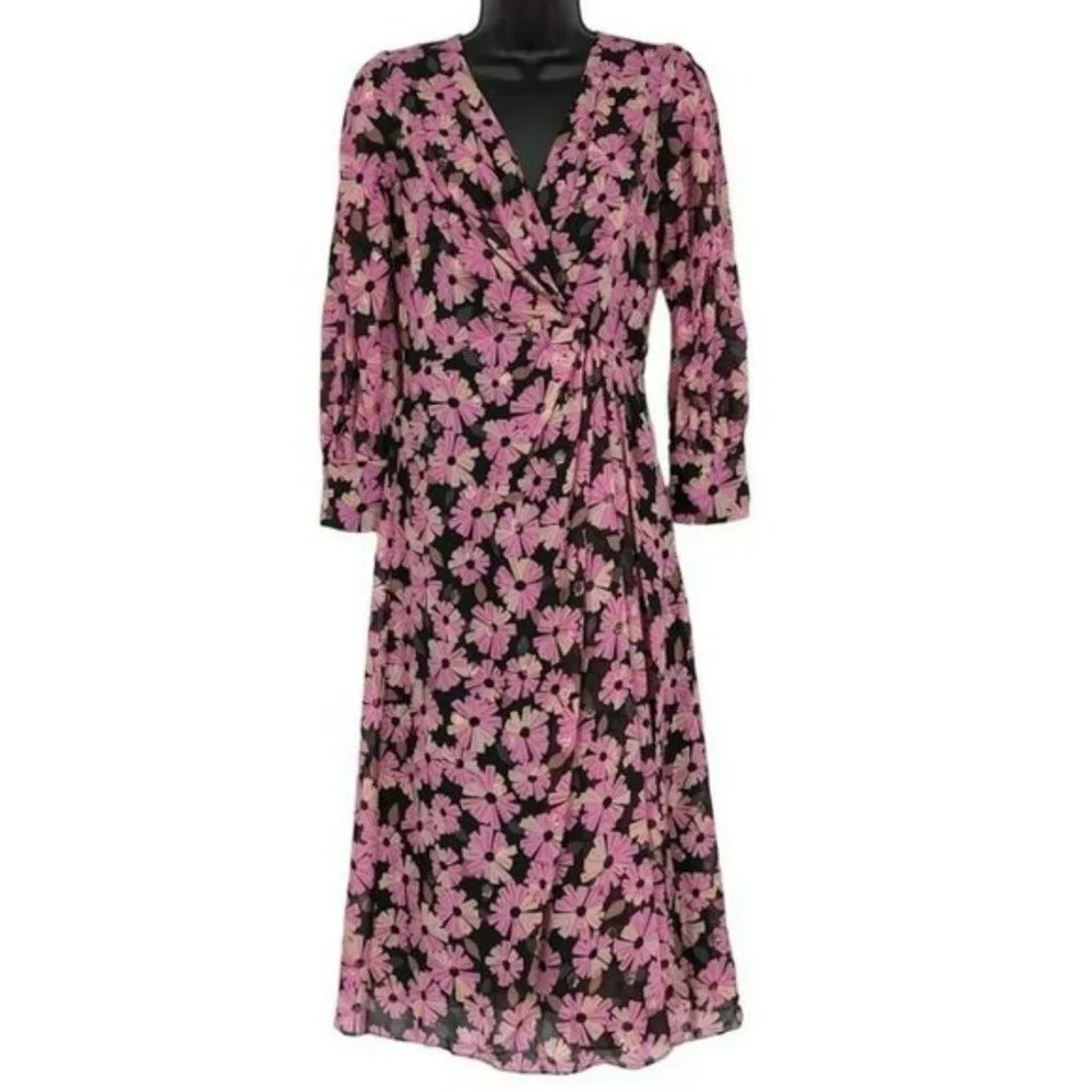Kate Spade Wallflower Midi Dress 2 Black Pink Metallic Silk Chiffon Long Sleeve